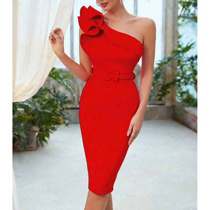 Women 'S One Shoulder Bodycon Bandage Cocktial Party Dresses Rayon Belt Detail Party Dress