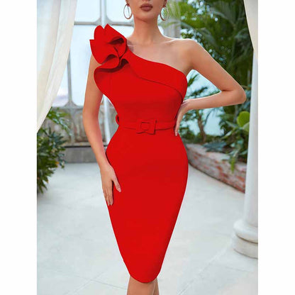 Women 'S One Shoulder Bodycon Bandage Cocktial Party Dresses Rayon Belt Detail Party Dress