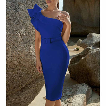 Women 'S One Shoulder Bodycon Bandage Cocktial Party Dresses Rayon Belt Detail Party Dress