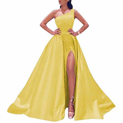 Women's Single Shoulder Prom Dresses Slit Satin Long Evening Formal Dress