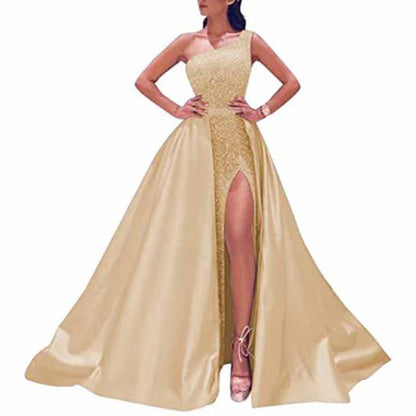 Women's Single Shoulder Prom Dresses Slit Satin Long Evening Formal Dress