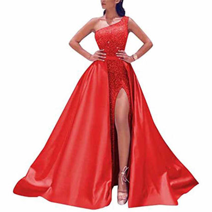 Women's Single Shoulder Prom Dresses Slit Satin Long Evening Formal Dress