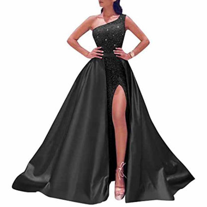 Women's Single Shoulder Prom Dresses Slit Satin Long Evening Formal Dress