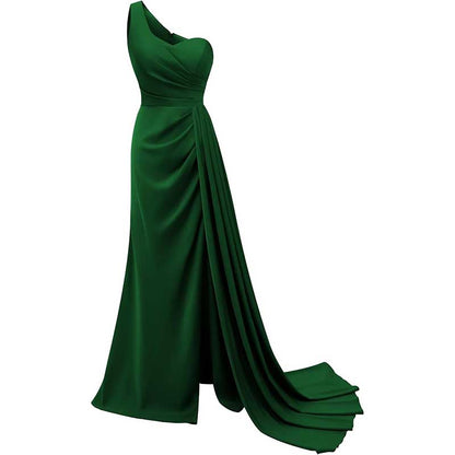 One Shoulder Mermaid Bridesmaid Dresses with Slit Long Ruched Satin Prom Dresses