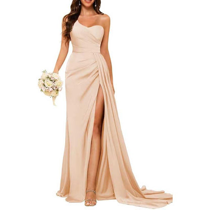 One Shoulder Mermaid Bridesmaid Dresses with Slit Long Ruched Satin Prom Dresses