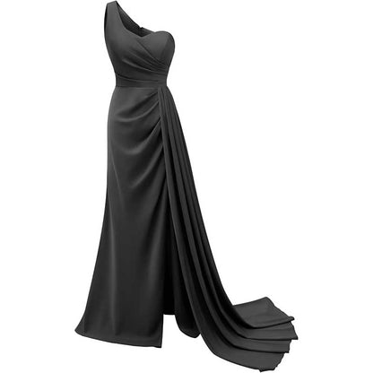 One Shoulder Mermaid Bridesmaid Dresses with Slit Long Ruched Satin Prom Dresses