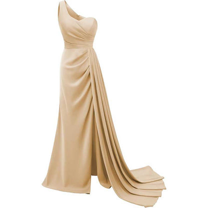 One Shoulder Mermaid Bridesmaid Dresses with Slit Long Ruched Satin Prom Dresses