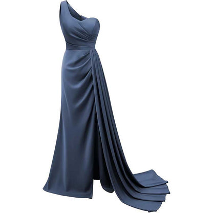 One Shoulder Mermaid Bridesmaid Dresses with Slit Long Ruched Satin Prom Dresses
