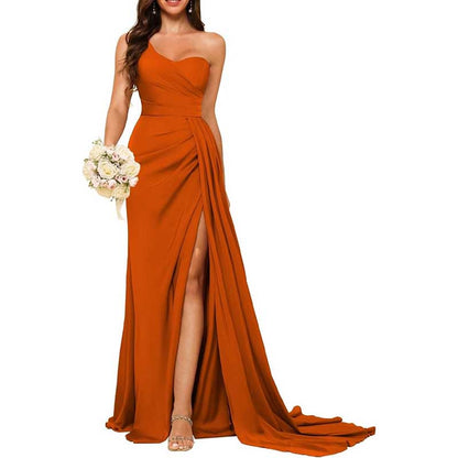 One Shoulder Mermaid Bridesmaid Dresses with Slit Long Ruched Satin Prom Dresses