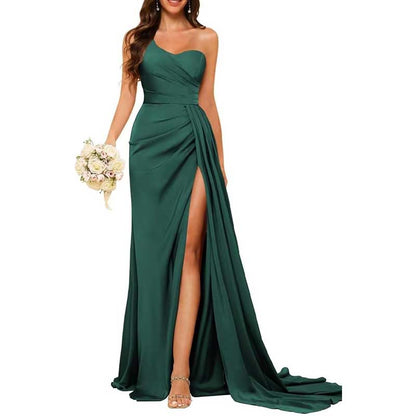 One Shoulder Mermaid Bridesmaid Dresses with Slit Long Ruched Satin Prom Dresses