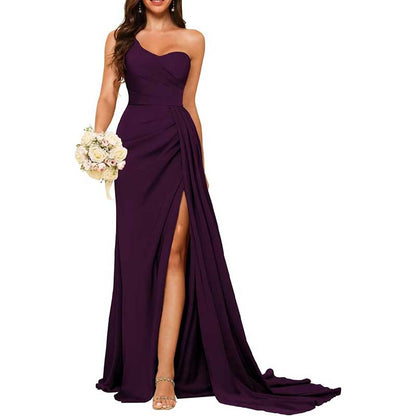 One Shoulder Mermaid Bridesmaid Dresses with Slit Long Ruched Satin Prom Dresses