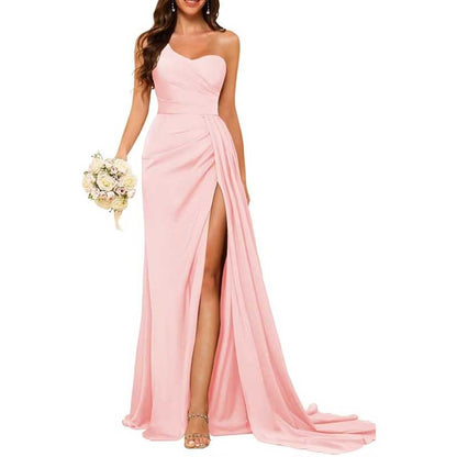 One Shoulder Mermaid Bridesmaid Dresses with Slit Long Ruched Satin Prom Dresses
