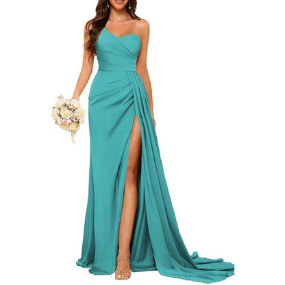 One Shoulder Mermaid Bridesmaid Dresses with Slit Long Ruched Satin Prom Dresses