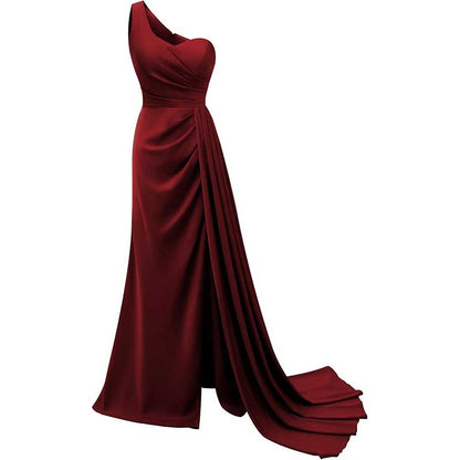 One Shoulder Mermaid Bridesmaid Dresses with Slit Long Ruched Satin Prom Dresses