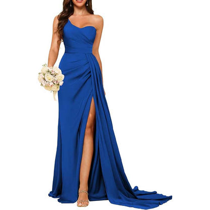One Shoulder Mermaid Bridesmaid Dresses with Slit Long Ruched Satin Prom Dresses