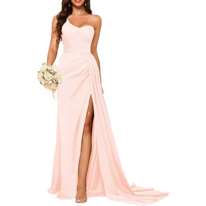 One Shoulder Mermaid Bridesmaid Dresses with Slit Long Ruched Satin Prom Dresses