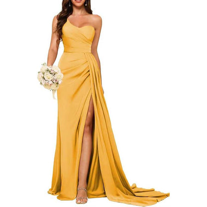 One Shoulder Mermaid Bridesmaid Dresses with Slit Long Ruched Satin Prom Dresses
