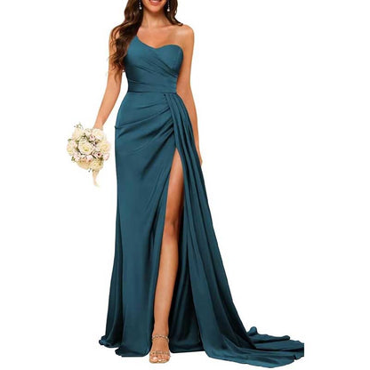 One Shoulder Mermaid Bridesmaid Dresses with Slit Long Ruched Satin Prom Dresses