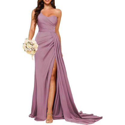 One Shoulder Mermaid Bridesmaid Dresses with Slit Long Ruched Satin Prom Dresses
