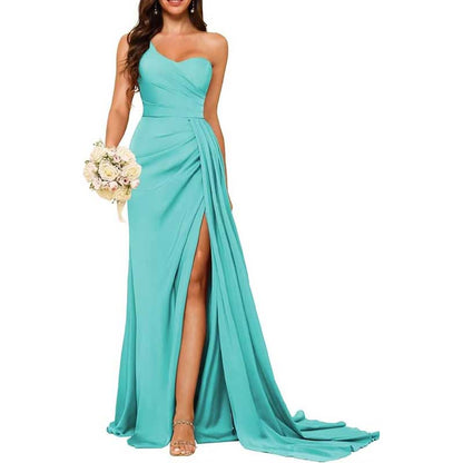 One Shoulder Mermaid Bridesmaid Dresses with Slit Long Ruched Satin Prom Dresses