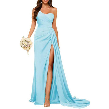 One Shoulder Mermaid Bridesmaid Dresses with Slit Long Ruched Satin Prom Dresses
