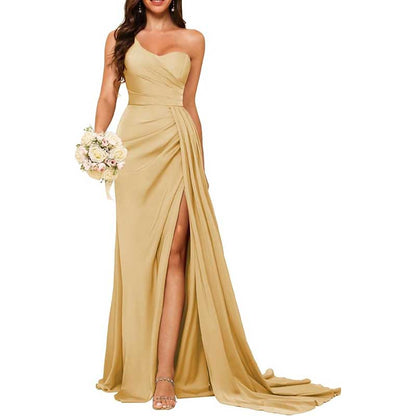 One Shoulder Mermaid Bridesmaid Dresses with Slit Long Ruched Satin Prom Dresses