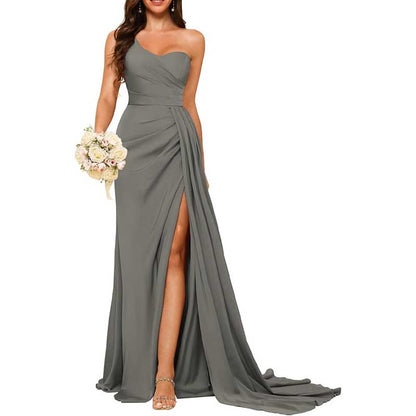 One Shoulder Mermaid Bridesmaid Dresses with Slit Long Ruched Satin Prom Dresses