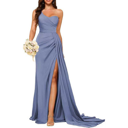 One Shoulder Mermaid Bridesmaid Dresses with Slit Long Ruched Satin Prom Dresses