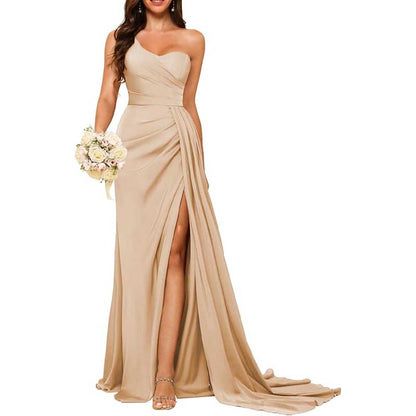 One Shoulder Mermaid Bridesmaid Dresses with Slit Long Ruched Satin Prom Dresses