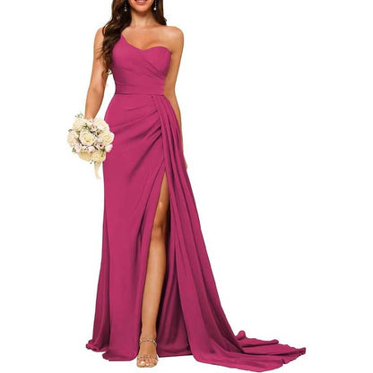 One Shoulder Mermaid Bridesmaid Dresses with Slit Long Ruched Satin Prom Dresses