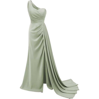 One Shoulder Mermaid Bridesmaid Dresses with Slit Long Ruched Satin Prom Dresses