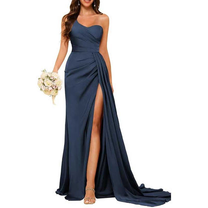 One Shoulder Mermaid Bridesmaid Dresses with Slit Long Ruched Satin Prom Dresses