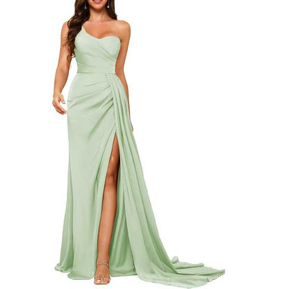 One Shoulder Mermaid Bridesmaid Dresses with Slit Long Ruched Satin Prom Dresses