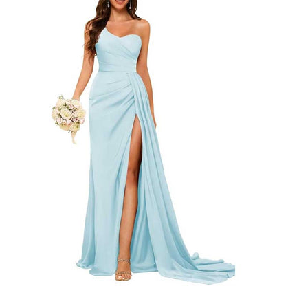 One Shoulder Mermaid Bridesmaid Dresses with Slit Long Ruched Satin Prom Dresses