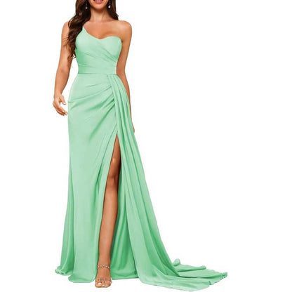 One Shoulder Mermaid Bridesmaid Dresses with Slit Long Ruched Satin Prom Dresses