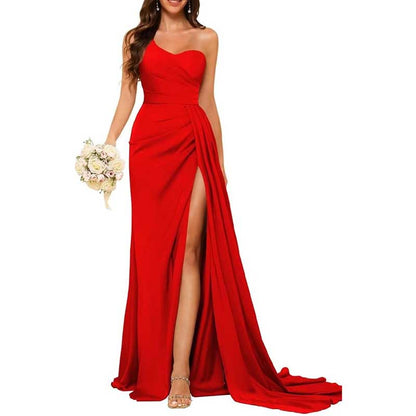 One Shoulder Mermaid Bridesmaid Dresses with Slit Long Ruched Satin Prom Dresses