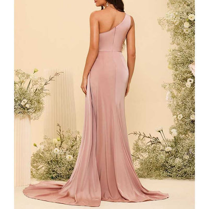 One Shoulder Mermaid Bridesmaid Dresses with Slit Long Ruched Satin Prom Dresses