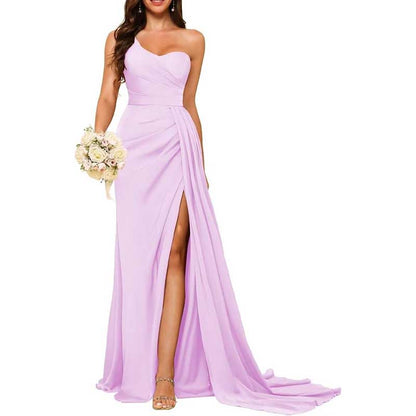 One Shoulder Mermaid Bridesmaid Dresses with Slit Long Ruched Satin Prom Dresses