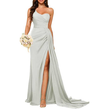 One Shoulder Mermaid Bridesmaid Dresses with Slit Long Ruched Satin Prom Dresses