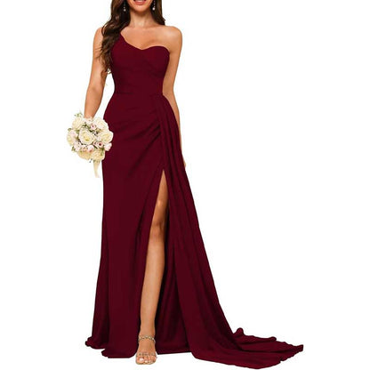 One Shoulder Mermaid Bridesmaid Dresses with Slit Long Ruched Satin Prom Dresses