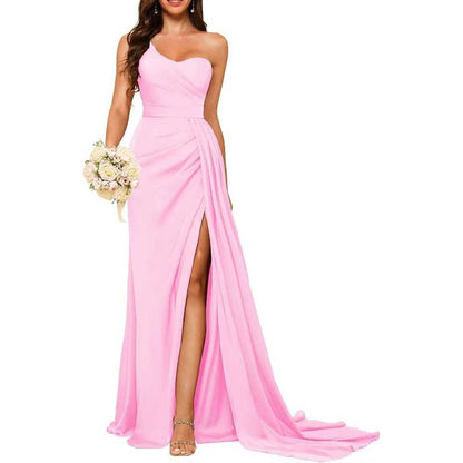 One Shoulder Mermaid Bridesmaid Dresses with Slit Long Ruched Satin Prom Dresses