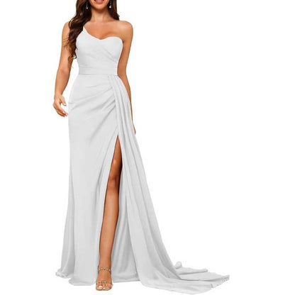 One Shoulder Mermaid Bridesmaid Dresses with Slit Long Ruched Satin Prom Dresses