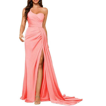 One Shoulder Mermaid Bridesmaid Dresses with Slit Long Ruched Satin Prom Dresses