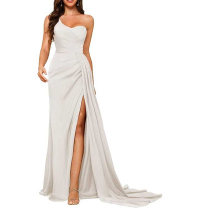 One Shoulder Mermaid Bridesmaid Dresses with Slit Long Ruched Satin Prom Dresses