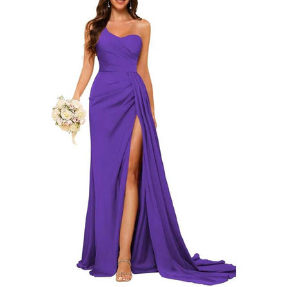 One Shoulder Mermaid Bridesmaid Dresses with Slit Long Ruched Satin Prom Dresses