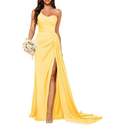 One Shoulder Mermaid Bridesmaid Dresses with Slit Long Ruched Satin Prom Dresses