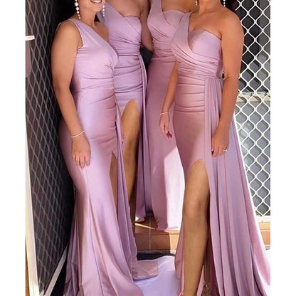 One Shoulder Mermaid Bridesmaid Dresses with Slit Long Ruched Satin Prom Dresses
