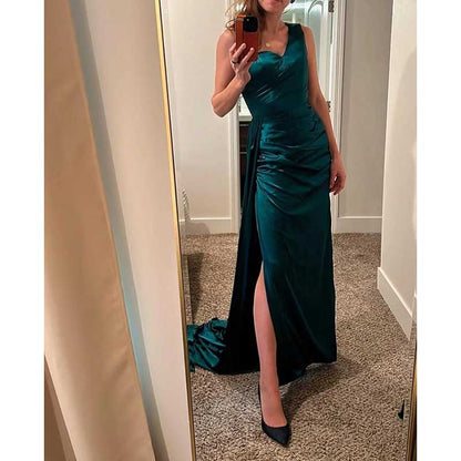 One Shoulder Mermaid Bridesmaid Dresses with Slit Long Ruched Satin Prom Dresses