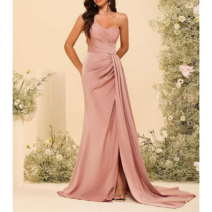 One Shoulder Mermaid Bridesmaid Dresses with Slit Long Ruched Satin Prom Dresses