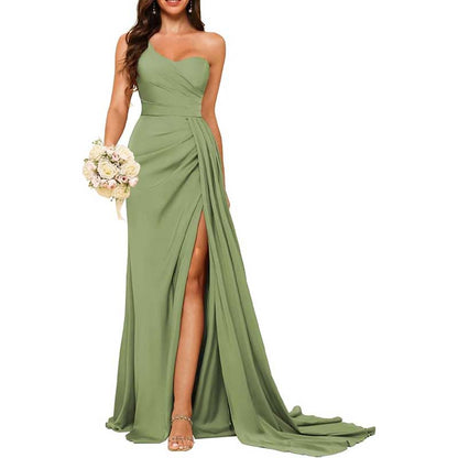 One Shoulder Mermaid Bridesmaid Dresses with Slit Long Ruched Satin Prom Dresses